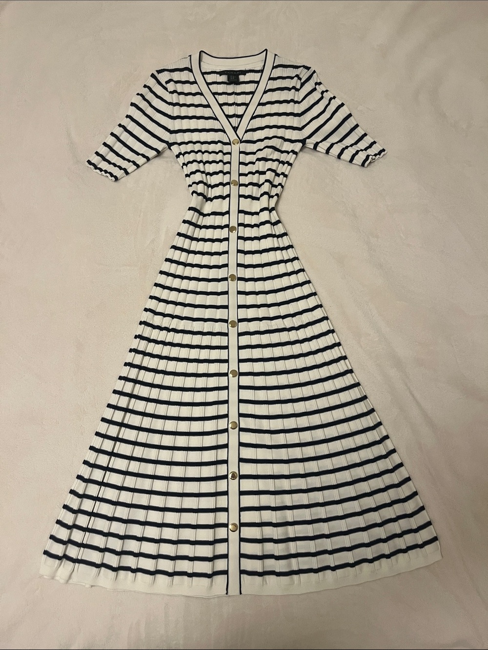 Tahari White and Navy Striped Button-Front Maxi Dress